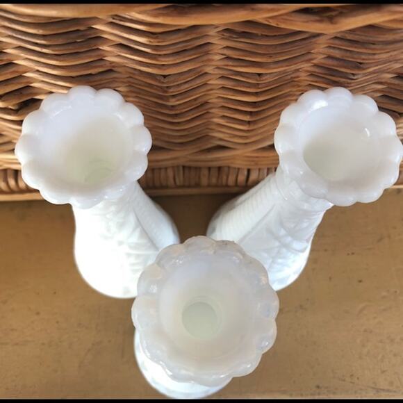 Collection of 3 Vintage White Milk Glass Stars & Bars 6” Vases - Picture 2 of 6